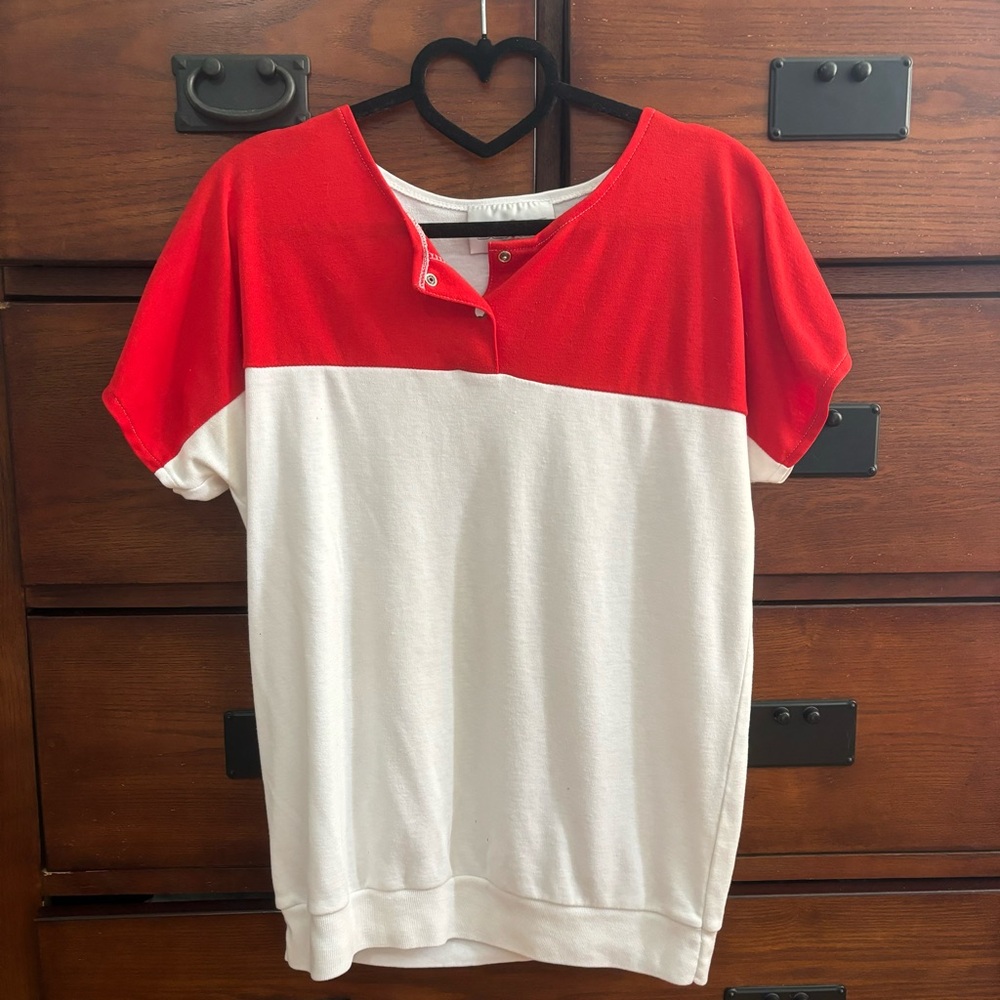 Vintage Bealls Florida White and Red Colorblock Cotton Tee Blouse Size S/M